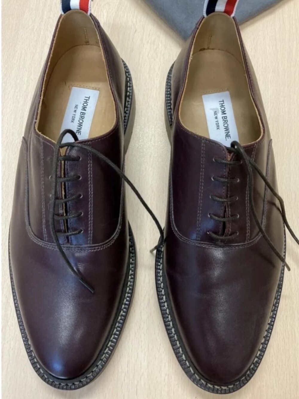 THOM BROWNE LEATHER OXFORD SHOES BURGUNDY CALF PLAIN RED LACE
